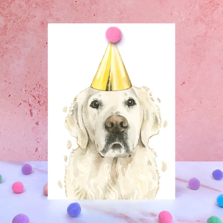 Karte Cream Golden Retriever, Partyhut m. Pom Pom
