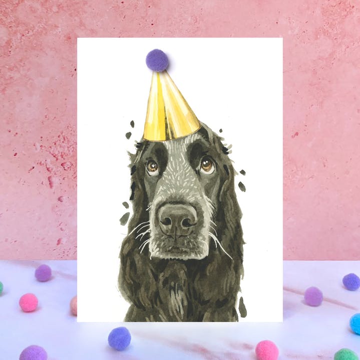Karte Cocker Spaniel, Partyhut m. Pom Pom
