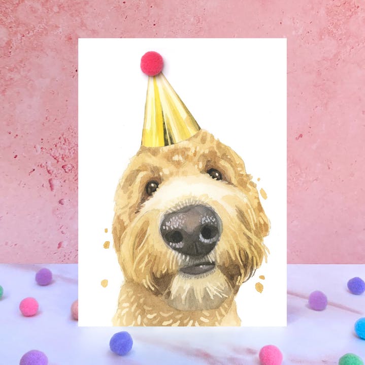 Karte Golden Doodle, Partyhut m. Pom Pom