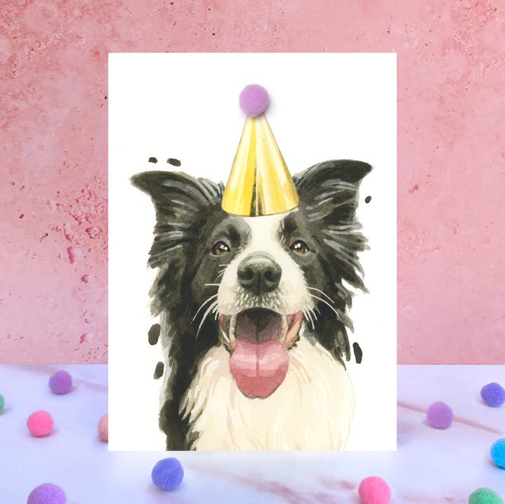 Karte Border Collie, Partyhut m. Pom Pom