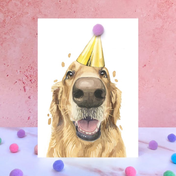 Karte Golden Retriever, Partyhut m. Pom Pom