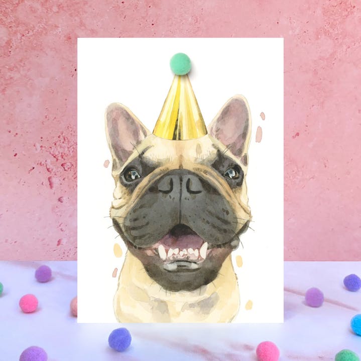 Karte Franz. Bulldogge, Partyhut m. Pom Pom