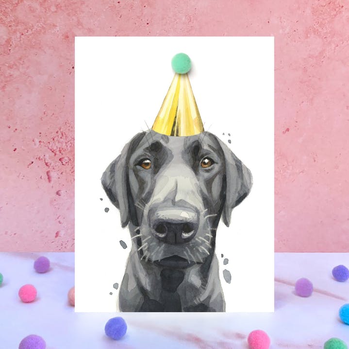 Karte Schwarzer Labrador, Partyhut m. Pom Pom