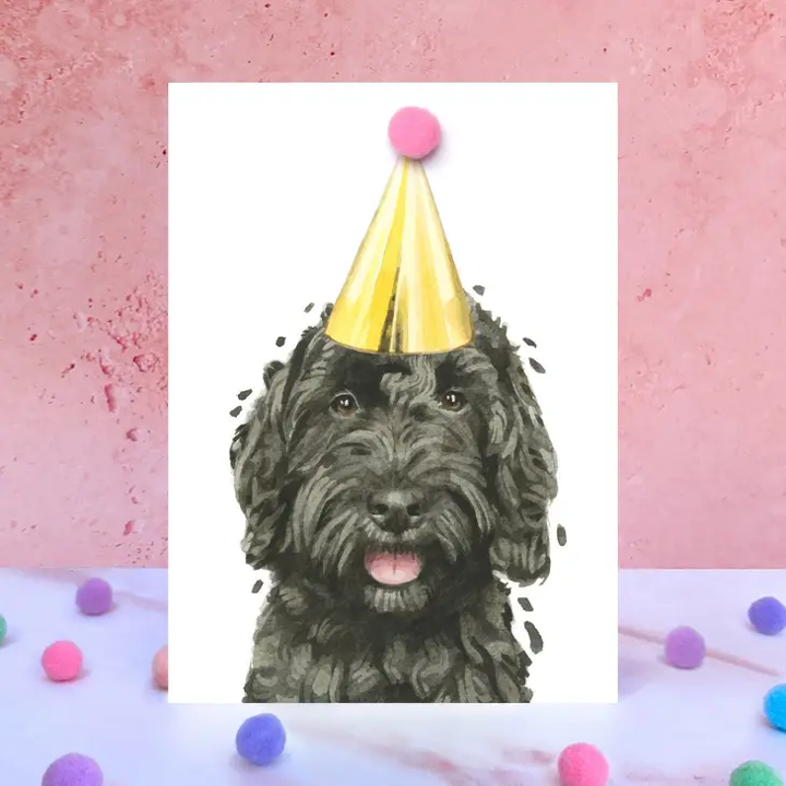 Karte Schwarzer Cockapoo, Partyhut mit Pom Pom