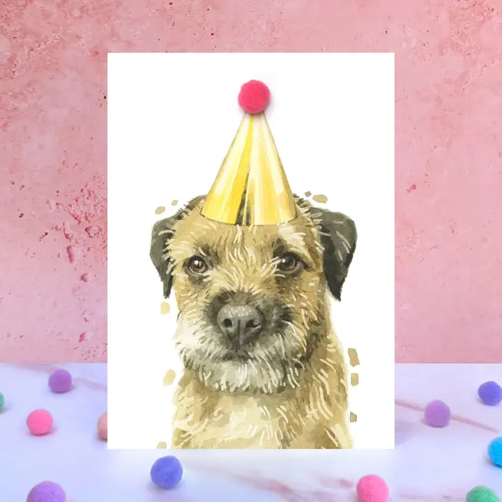 Karte Border Terrier, Partyhut mit Pom Pom