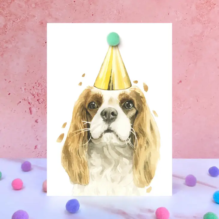 Karte Cavalier King Charles Spaniel, Partyhut m. Pom Pom