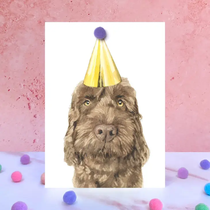 Karte Chocolate Cockapoo, Partyhut m. Pom Pom