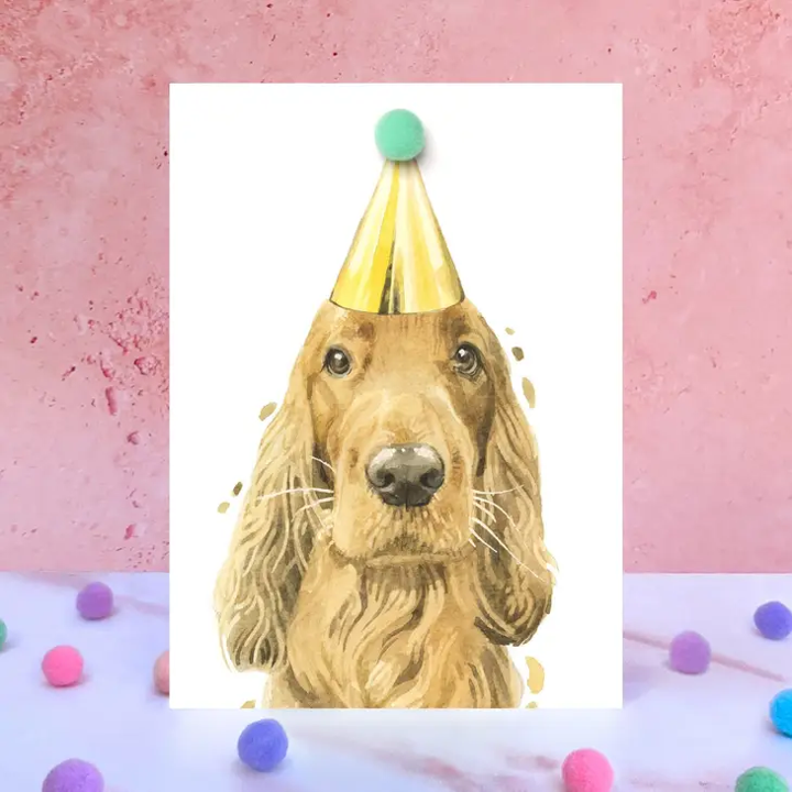 Karte Ginger Cocker Spaniel, Partyhut mit Pom Pom