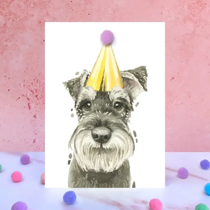 Karte Schnauzer, Partyhut m. Pom Pom