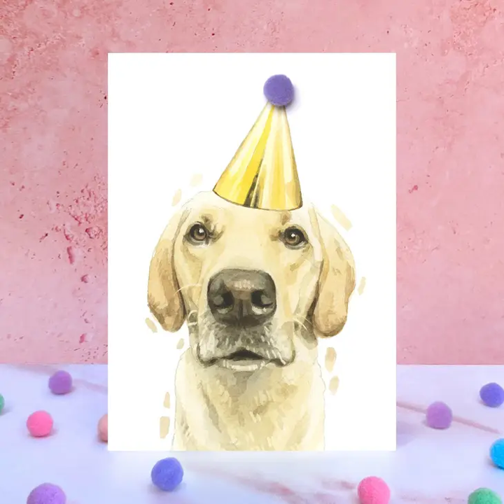 Karte Labrador, Partyhut m. Pom Pom
